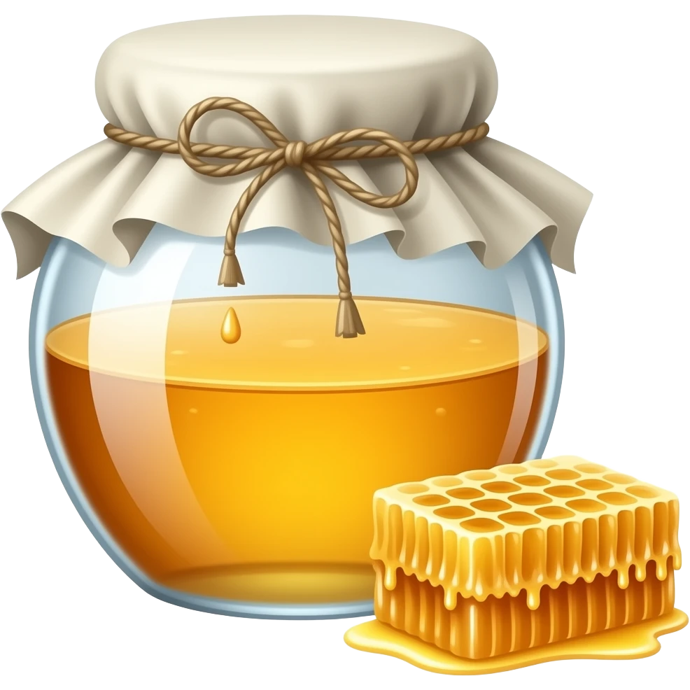 A glass pot with honey covered with a cloth and a honeycomb next to it emoji