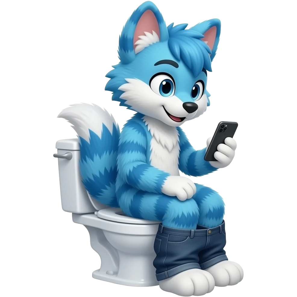 blue fursuit sitting on toilet, side view, pants down, looking at phone emoji