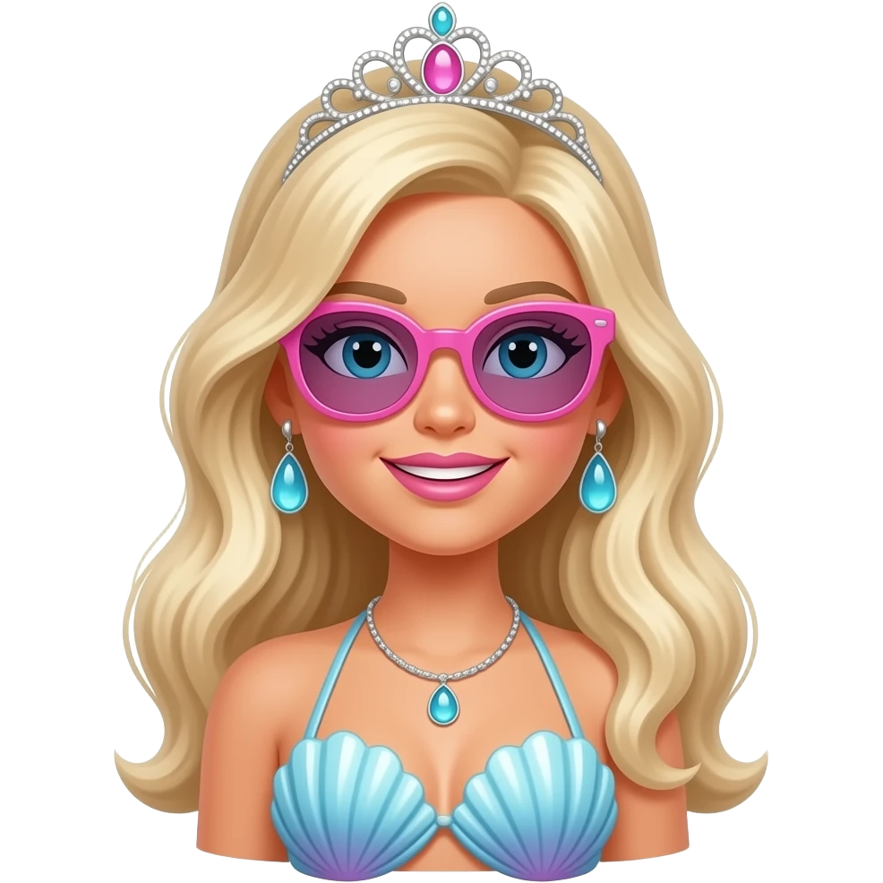 Barbie merliah wearing a pink sunglasses a mermaid tail a Seashell bikini and a tiara emoji