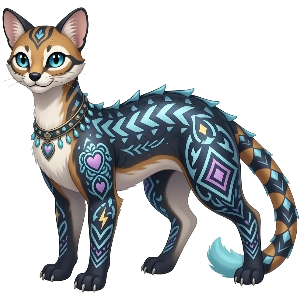 scaly spunky Realistic tall slim unique original shiny edgy cool fantasy-Civet-Absol-Sprigatito-Vaporeon-Fakémon-hybrid with tribal chevron heart floral lightning bolt strikes damask paisley markings emoji