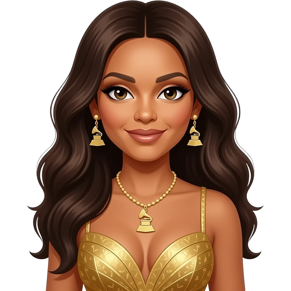 Beyonce with long dark brown hair, gold grammy dress, necklace and earrings emoji