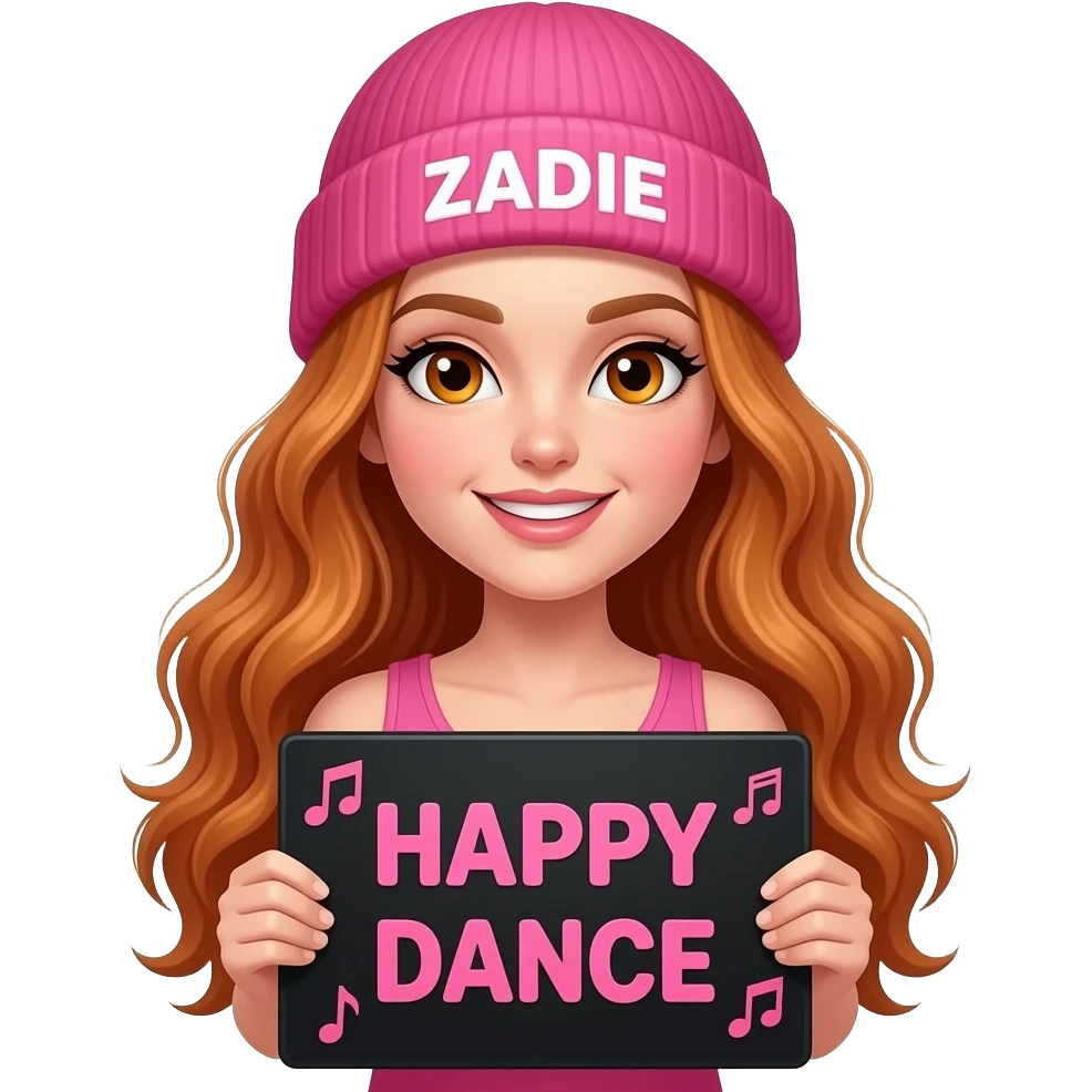 sexy girl with overlong wavy ginger hair and ginger eyes wearing a pink tanktop and a pink beanie with ZADIE written on it, is holding a black sign with HAPPY DANCE 🎵 written on it emoji