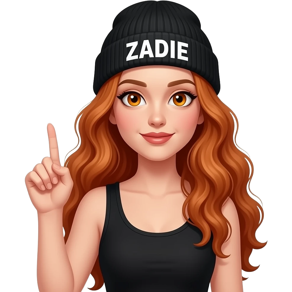 sexy girl with overlong wavy ginger hair and ginger eyes wearing a black tanktop and a black beanie with ZADIE written on it,  is putting one finger in the air emoji