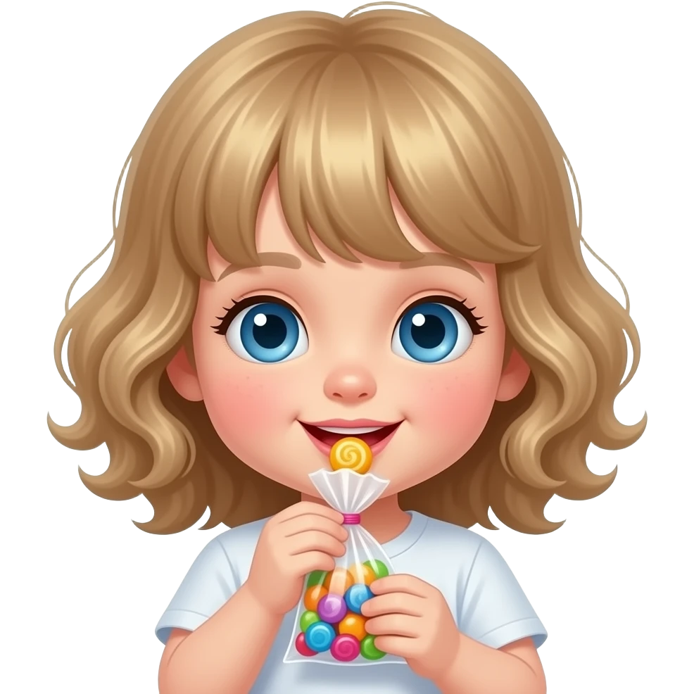 white kid blue eyes mid length hair to shoulders with bangs soft curly hair to shoulders in color: middle to little darker blond. eating from a candybag emoji