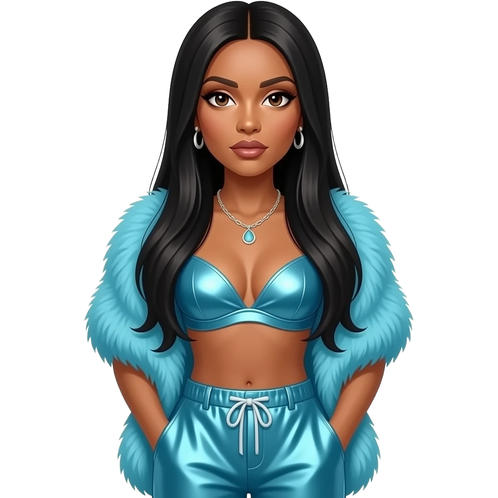 Cher, Pop Singer with dark brown eyes, long black straight hair, cyan fur shawl, turquoise metallic bra, turquoise metallic baggy pants, necklace and earrings emoji