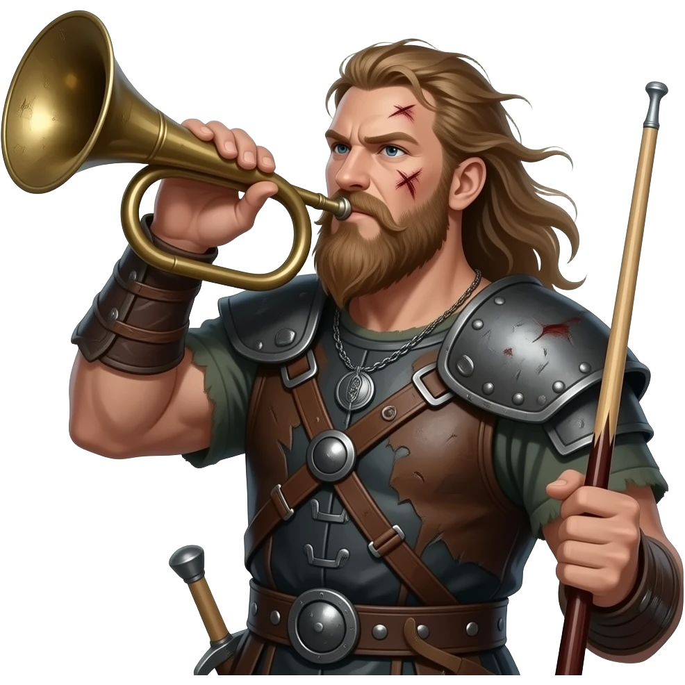 Dramic Viking blowing a large horn holding a pool cue emoji