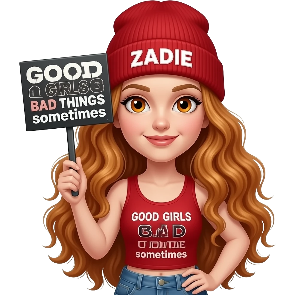 sexy girl with overlong wavy ginger hair and ginger eyes wearing a red tanktop and a red beanie with ZADIE written on it, is holding a black sign with GOOD GIRLS do BAD THINGS sometimes written on it emoji