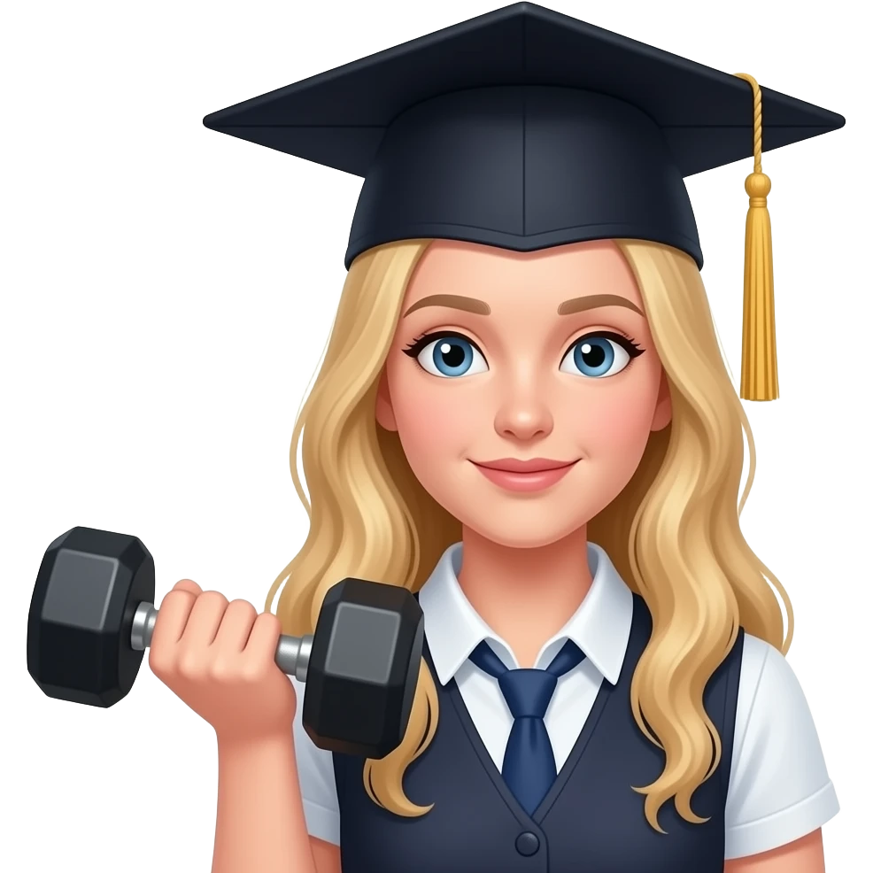 create me an emoji-style png of a white girl student with blond hair wearing a classic black graduation cap major, in a style of "exercise science" major emoji