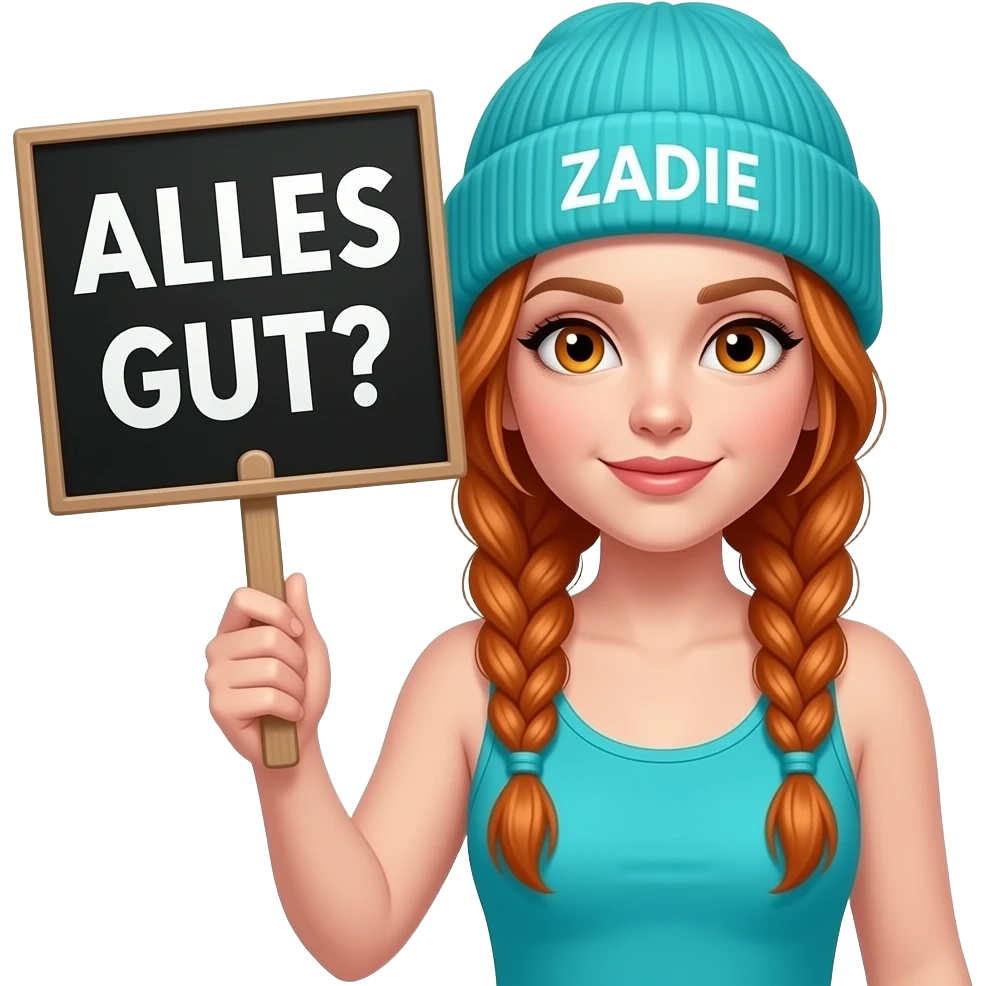 sexy girl with overlong ginger braids and ginger eyes wearing a turquoise tanktop and a turquoise beanie with ZADIE written on it, is holding a black sign with ALLES GUT? written on it emoji