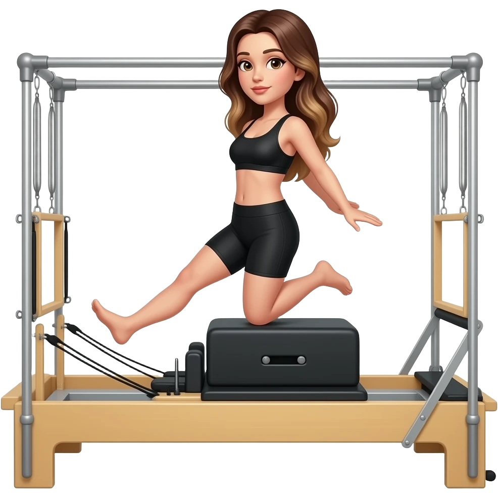 Brown eyed, long brunette balayage hair in black workout shorts and bra, big bum, doing a simple reformer pilates emoji