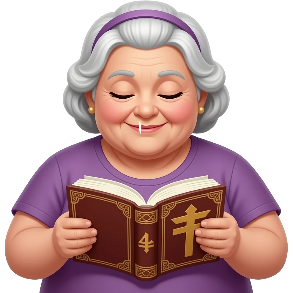 A fat plump elderly woman is flipping through a prayer book emoji