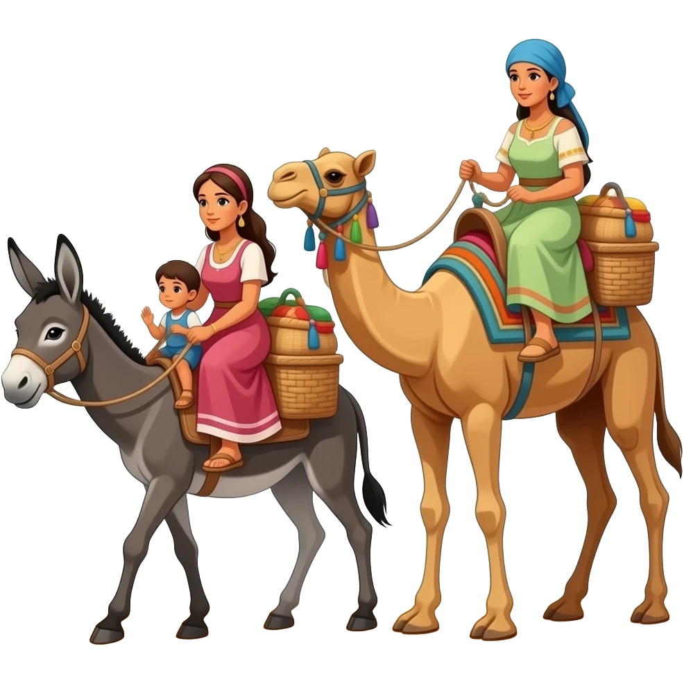 Esel Kamele Frauen Kinder Männer die in der Wüste losziehen und von Agypten aufbrechen emoji