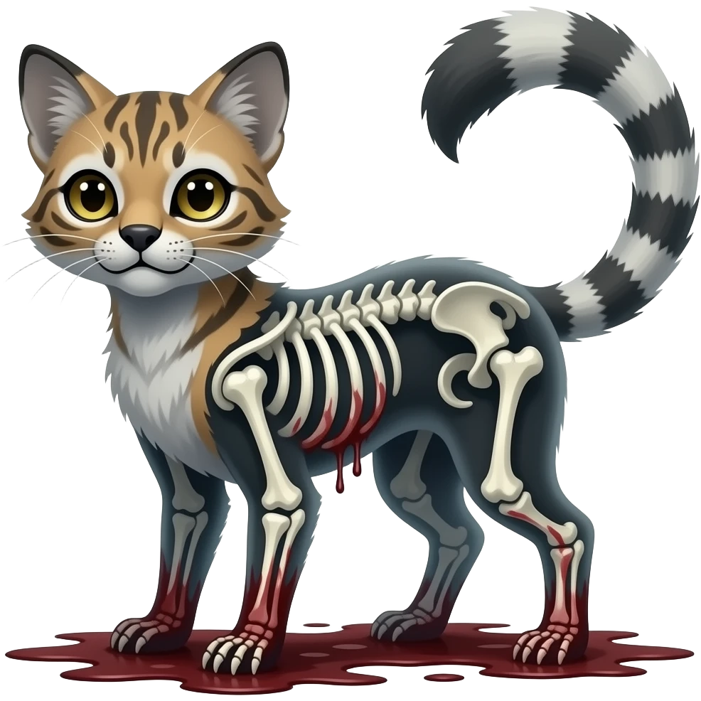 swampy ghostly dull spectral edgy spooky bloody meager thin cool beautiful skeleton-fantasy-caracal-civet-genet-sergal-vernid-Cacomistle-oncilla-animal-Fakémon-hybrid-fursona (full body) emoji