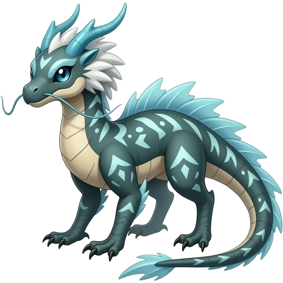 scaly shiny frilled feathery raptorik finned patterned tribal-patterned digitigrade quadrupedal Vaporeon-Salandit-Glaceon-hybrid with long thin dragon whiskers emoji