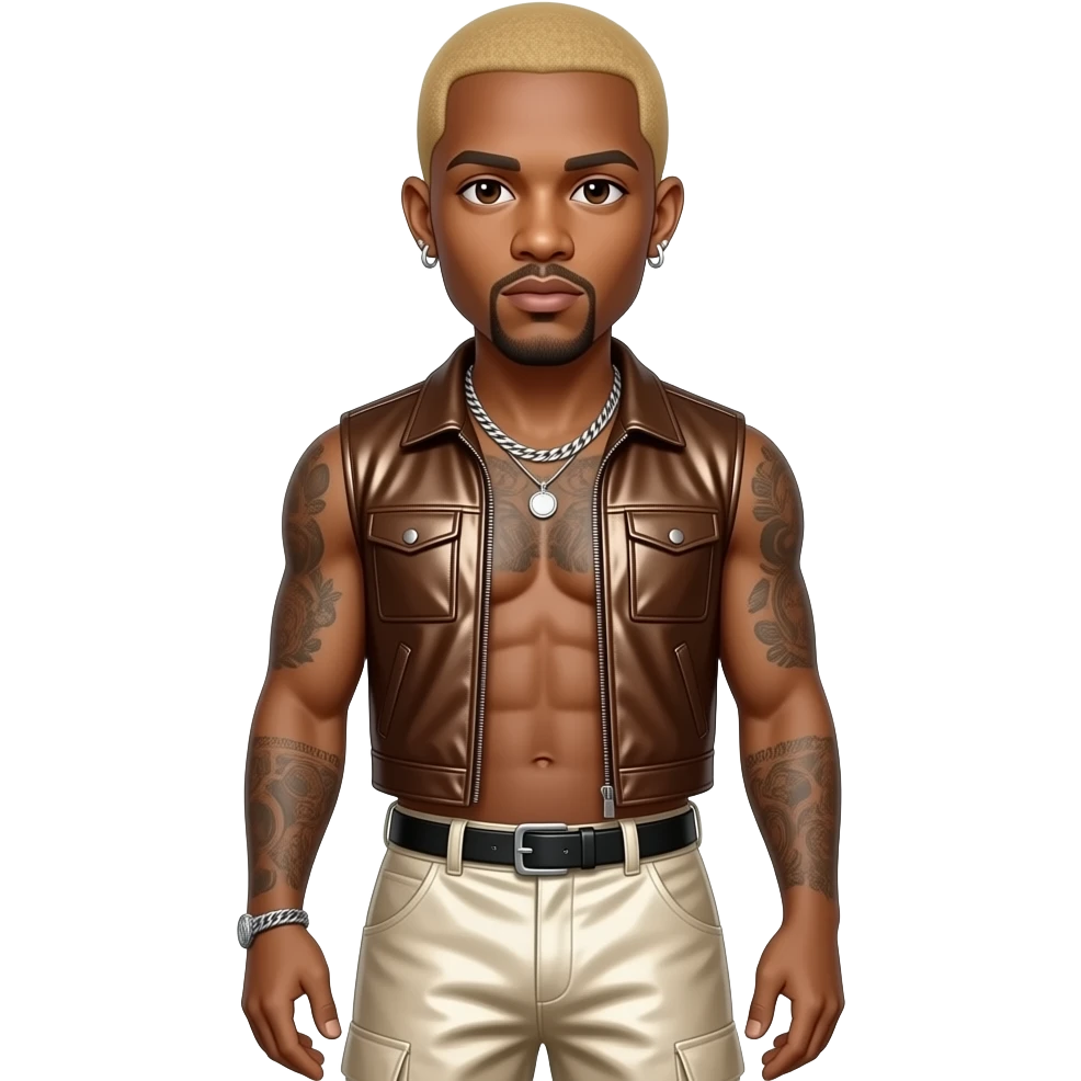 Chris Brown with dark brown eyes, blonde buzz cut hair, brown metallic vest, cream metallic baggy pants, shirtless with necklace and earrings emoji