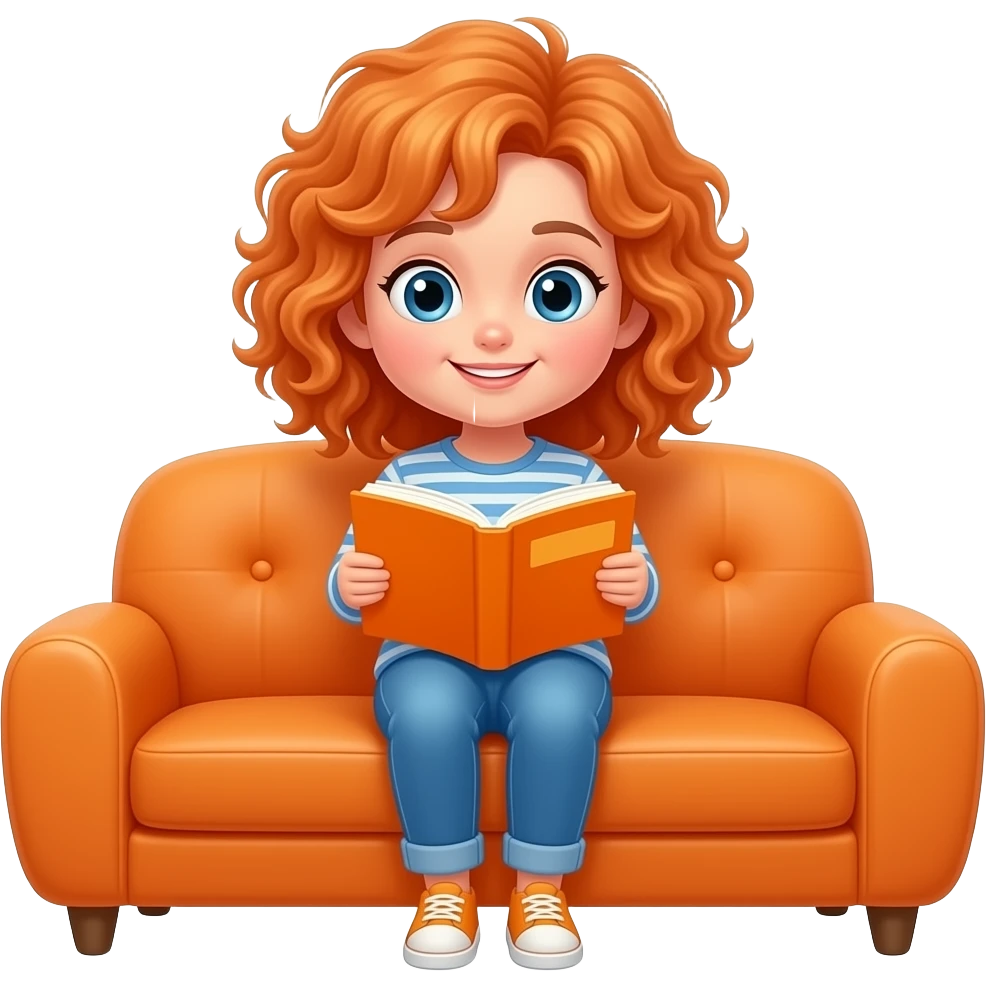دختر با موهای فر نارنجی درحال خواندن کتاب نارنجی روی مبل نارنجی نرم و تک نفره emoji
