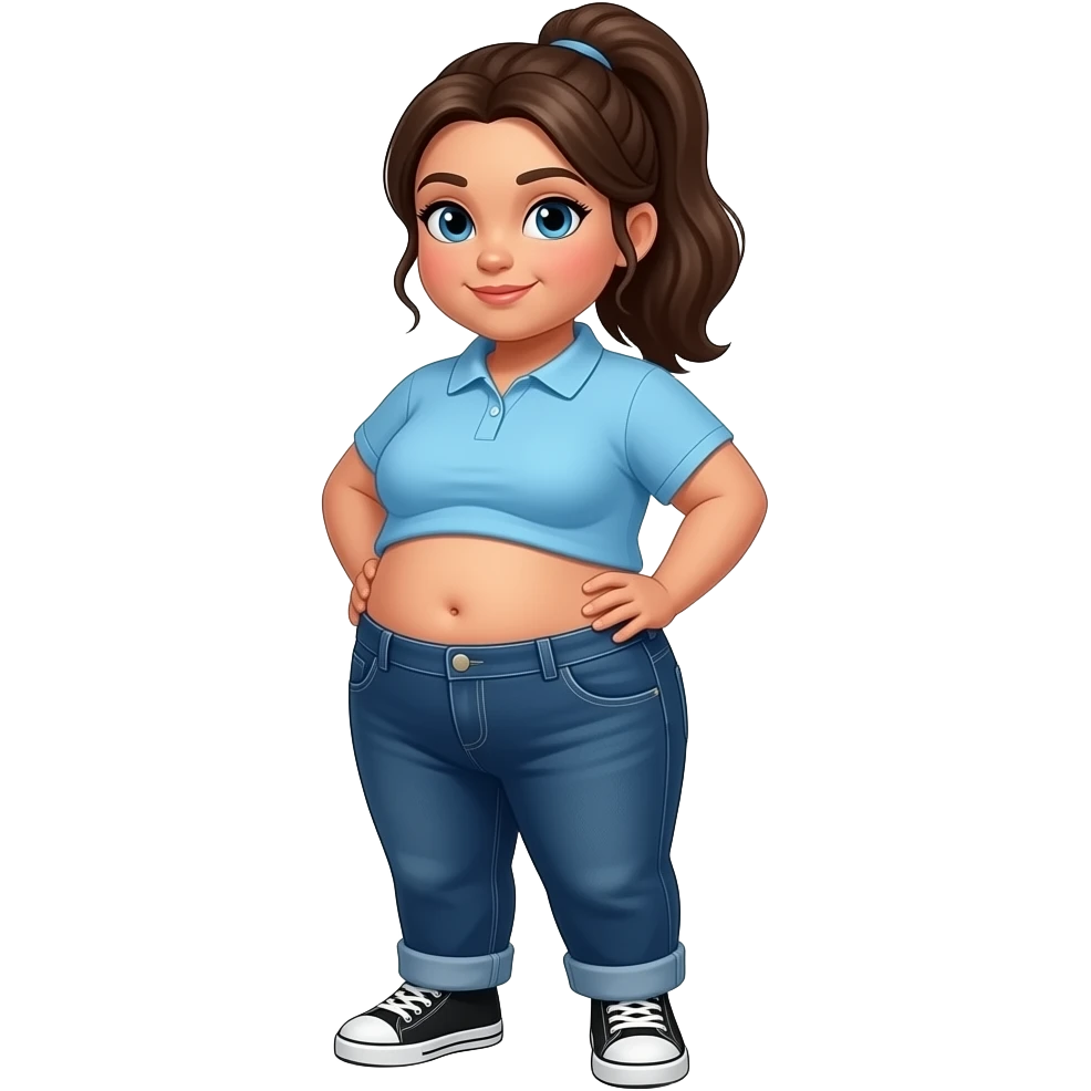 Obese Hispanic girl with brown ponytail and blue eyes light blue dark blue polo and dark blue baggy jeans and belly button and black and white sneakers belly roll movement emoji