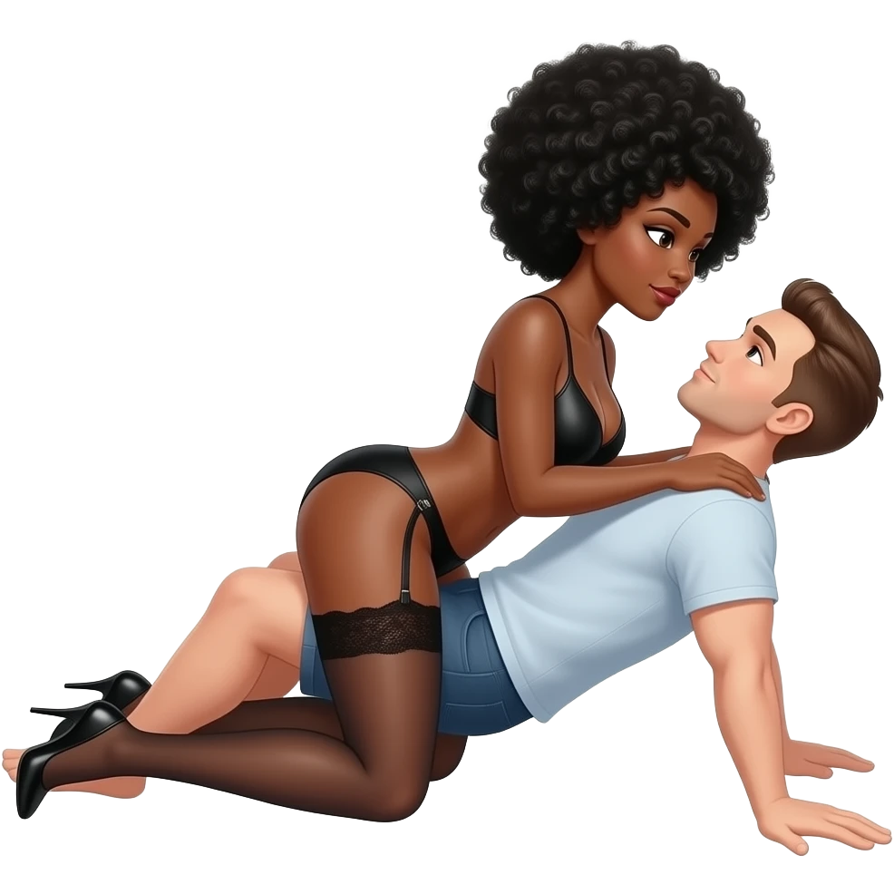 A sexy black woman with black hair color Afro having sex with white man with brown hair short pony tail in missionary position emoji
