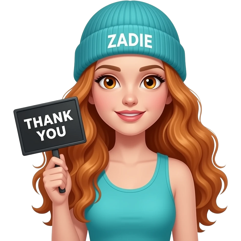 sexy girl with overlong wavy ginger hair and ginger eyes wearing a turquoise tanktop and a turquoise beanie with ZADIE written on it, is holding a black sign with THANK YOU written on it emoji