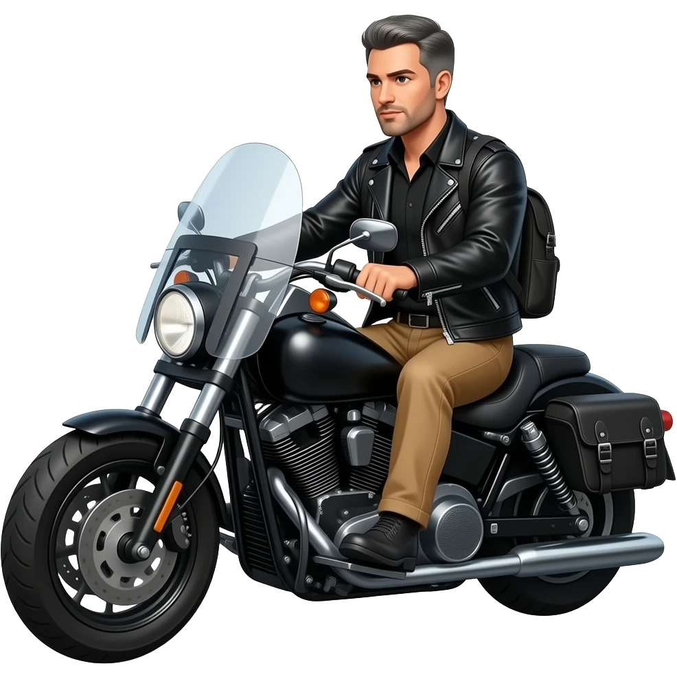 Gray and black short hair clean shaven man with no beard in black leather jacket and black shirt and tan pants riding on a harley with a windshield and saddlebags emoji