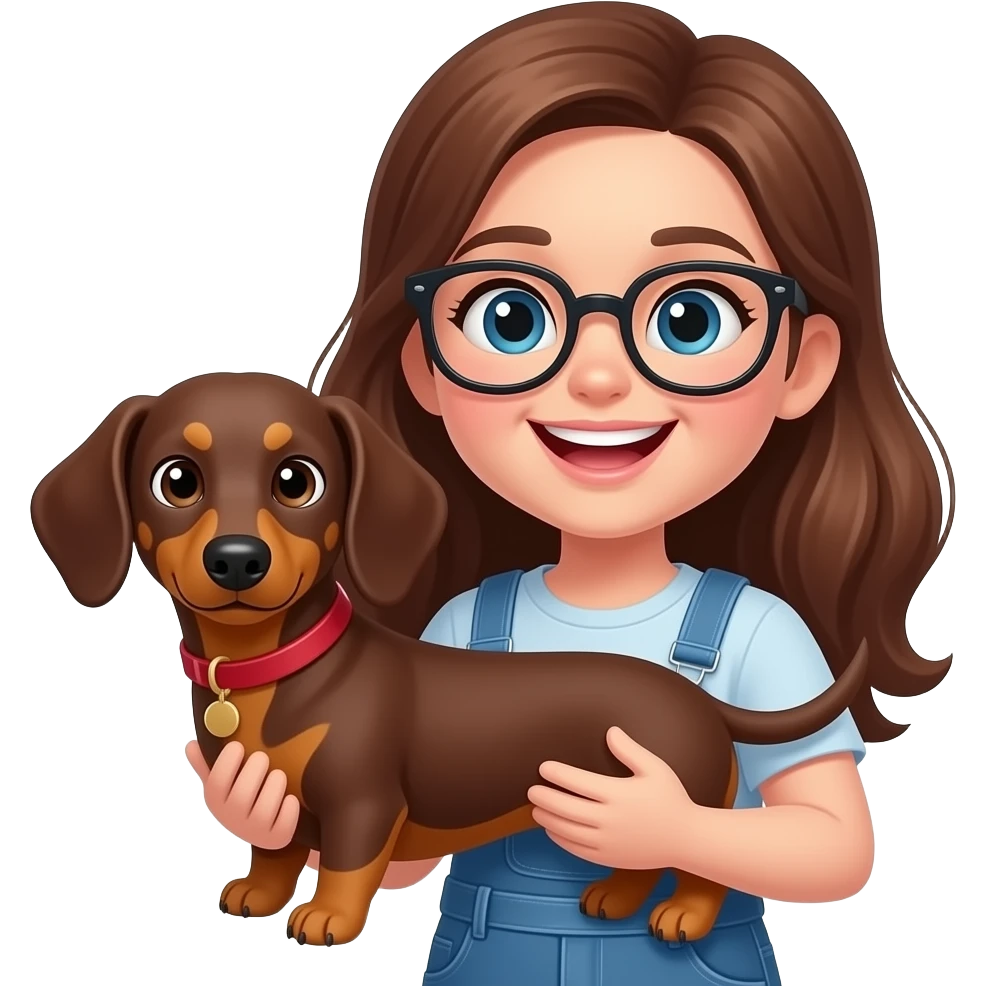 brunnete girl with big smile and glasses holding a full brown wiener dog emoji
