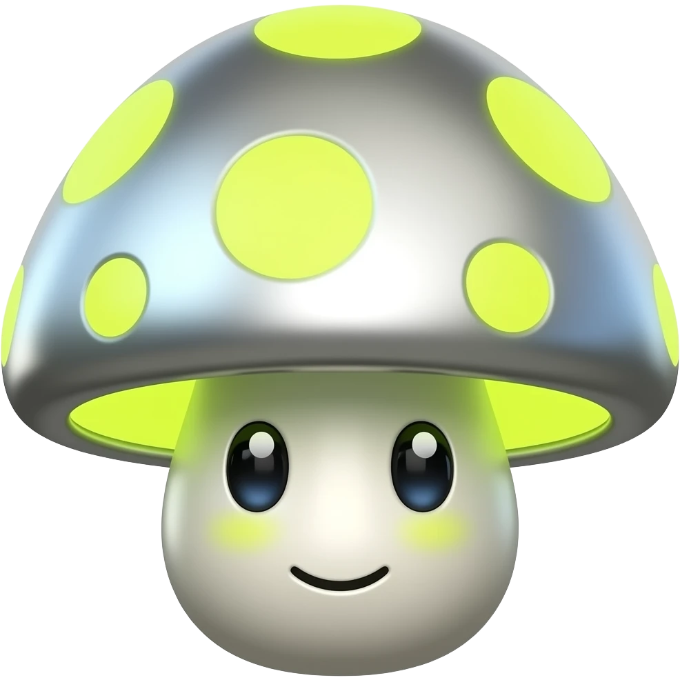 Cute mushroom. silver-chrome, neon yellow, emoji