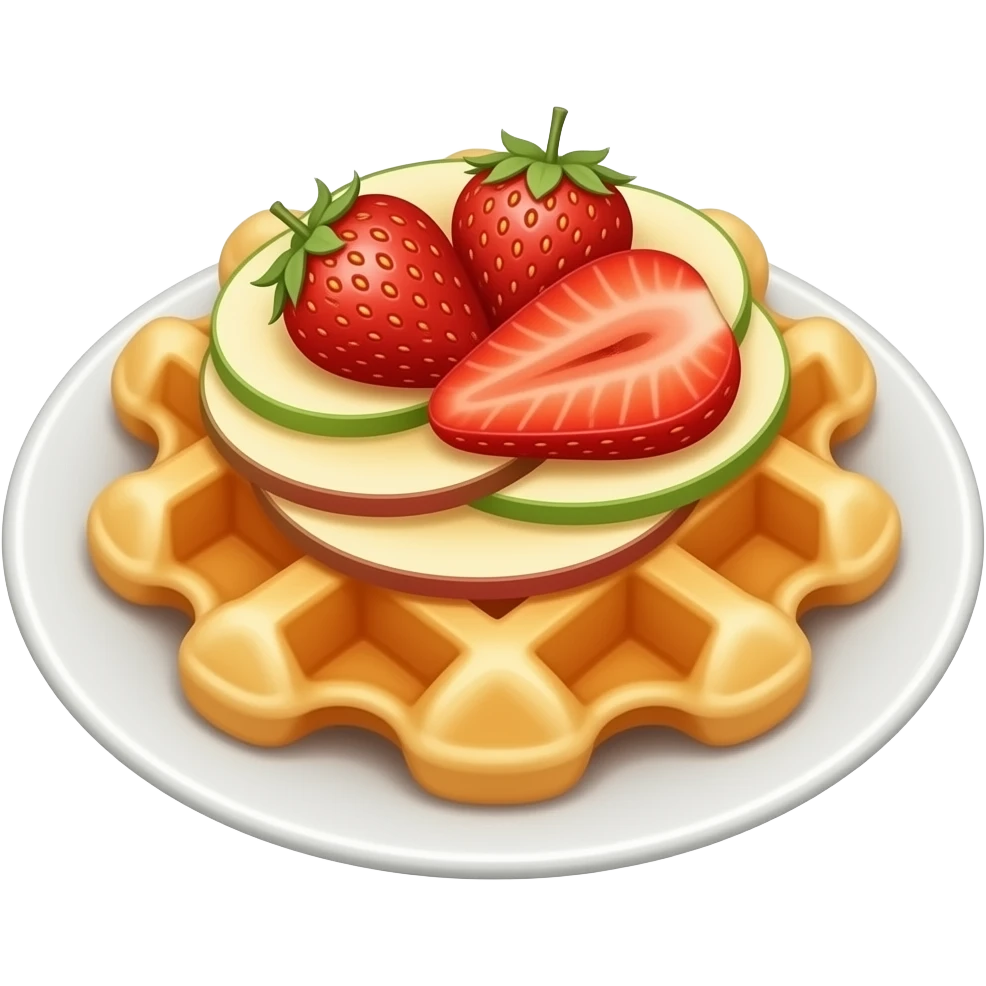 Cute premium casual food icon of a waffle on a clean white plate, topped with fresh strawberry slices and apple slices, cute and appetizing fruit arrangement, soft candy-like highlights, vibrant warm colors, soft gradient shading, smooth rounded shapes, emoji
