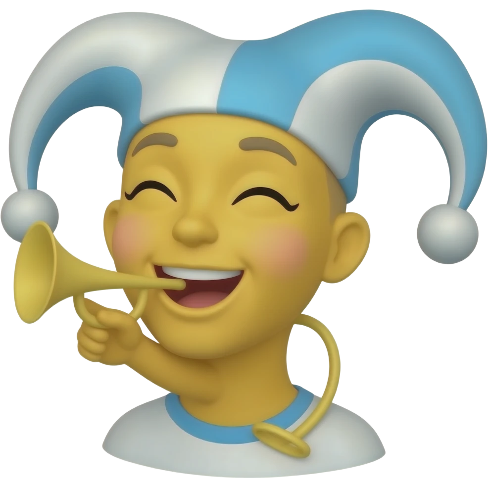 The classic yellow “party face” emoji blowing a party horn, with closed happy eyes and confetti floating around it, identical to the original emoji style and expression. Replace the regular party hat with a jester hat in Argentina flag colors (light blue and white) emoji