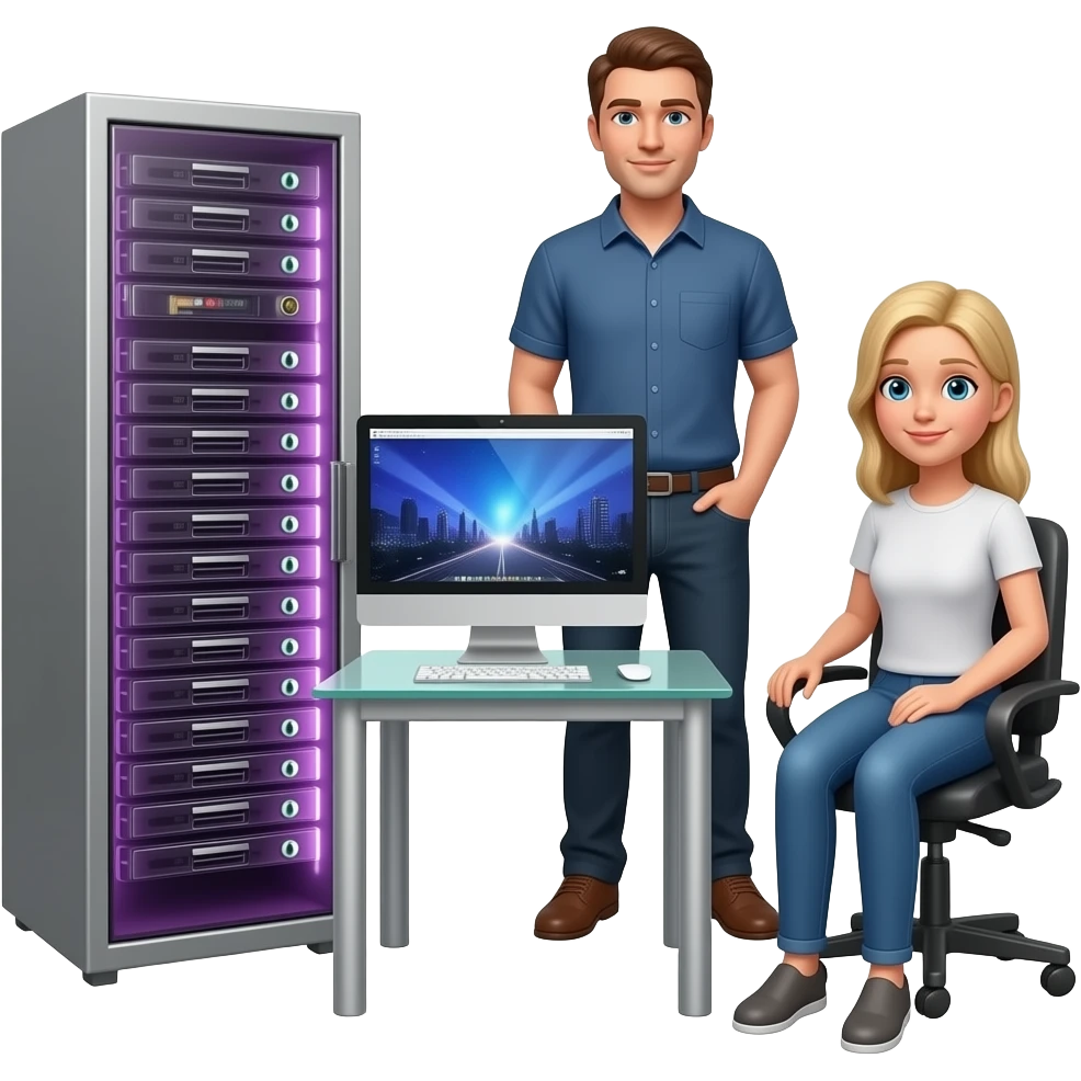background is a silver server cabinet with purple lighting, in the foreground is a glass table and an imac computer, two men are standing, gray hair, black glasses, black hair, silver glasses, dressed in white pants and a polo shirt, a blonde girl is sitting at the table, emoji