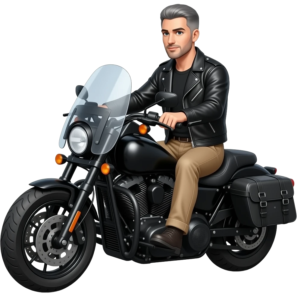 Black and gray short hair clean shaven man with no beard in black leather jacket and black shirt and tan pants riding on a harley with a windshield and saddlebags emoji