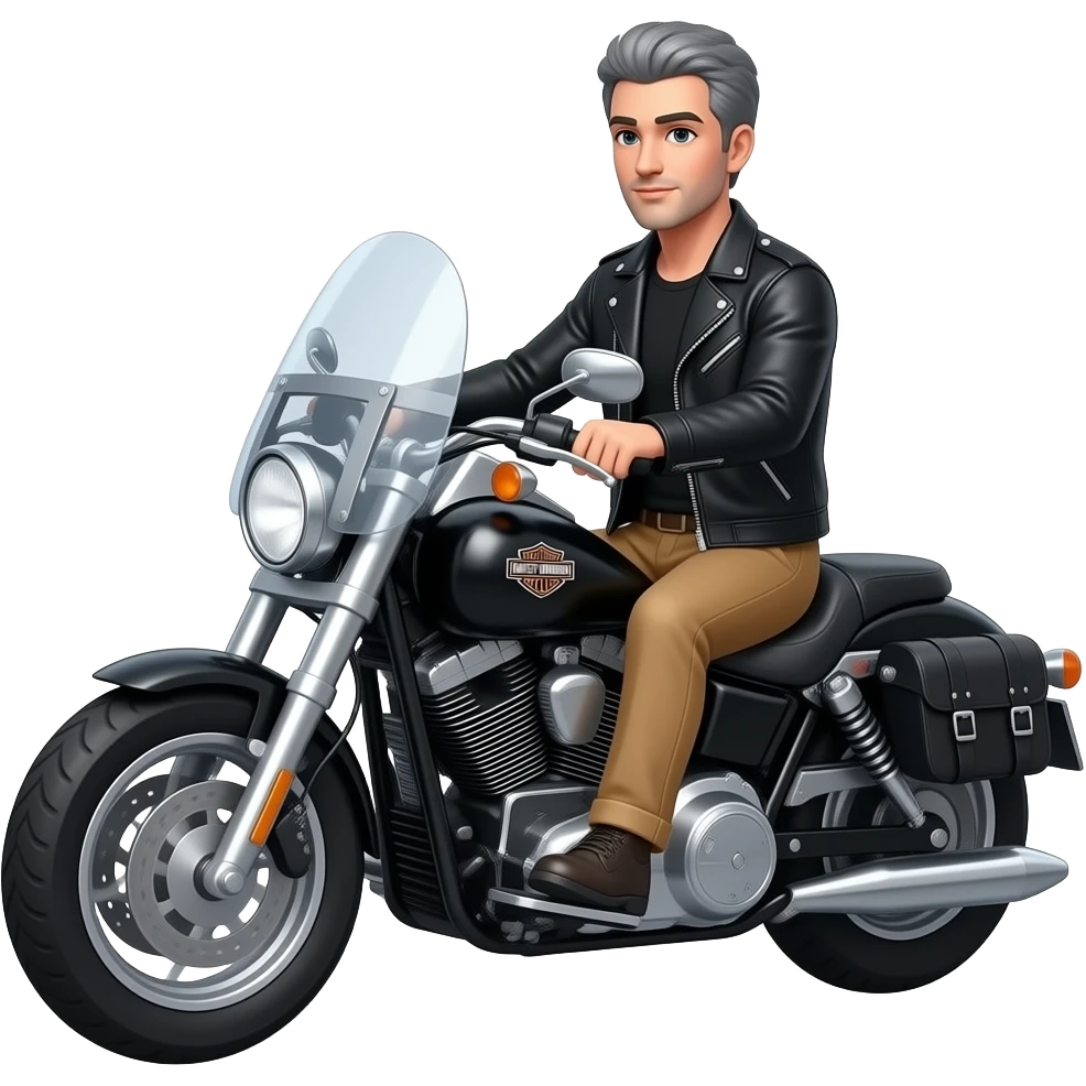 Black and gray short hair clean shaven man with no beard in black leather jacket and black shirt and tan pants riding on a harley with a windshield and saddlebags emoji