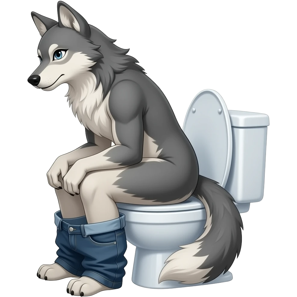Female wolf furry,sit on toilet pants down side view,fursona emoji