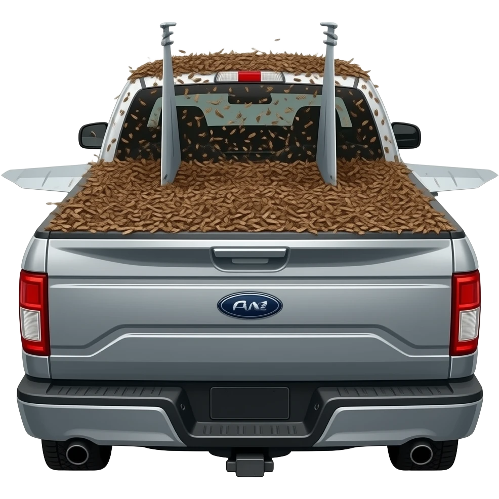 Gray F150 with full of Bark chips in the back side view  Now make it upside down in between two other cars emoji