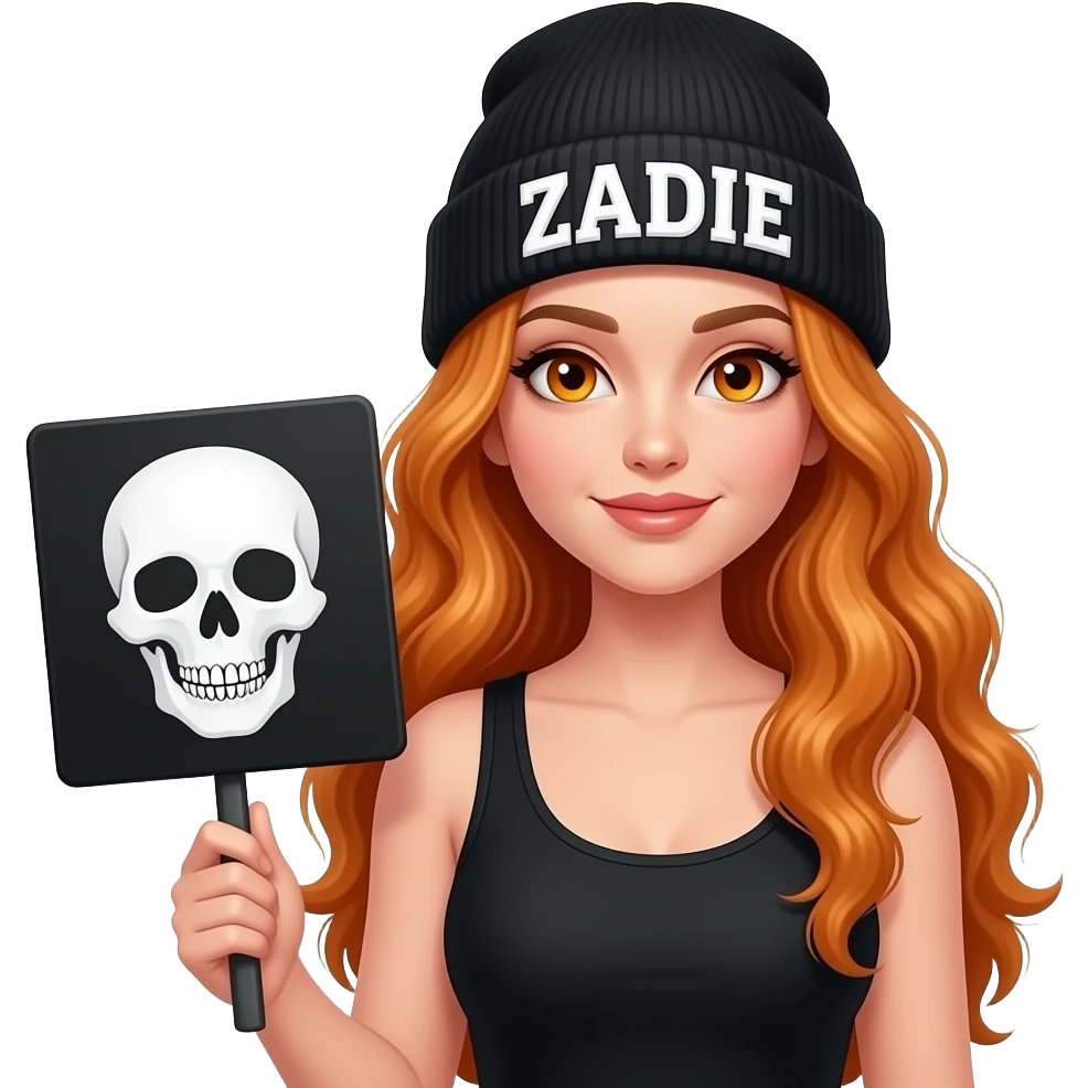 sexy girl with overlong wavy ginger hair and ginger eyes wearing a black tanktop and a black beanie with ZADIE written on it, is holding a black sign with 💀  on it emoji