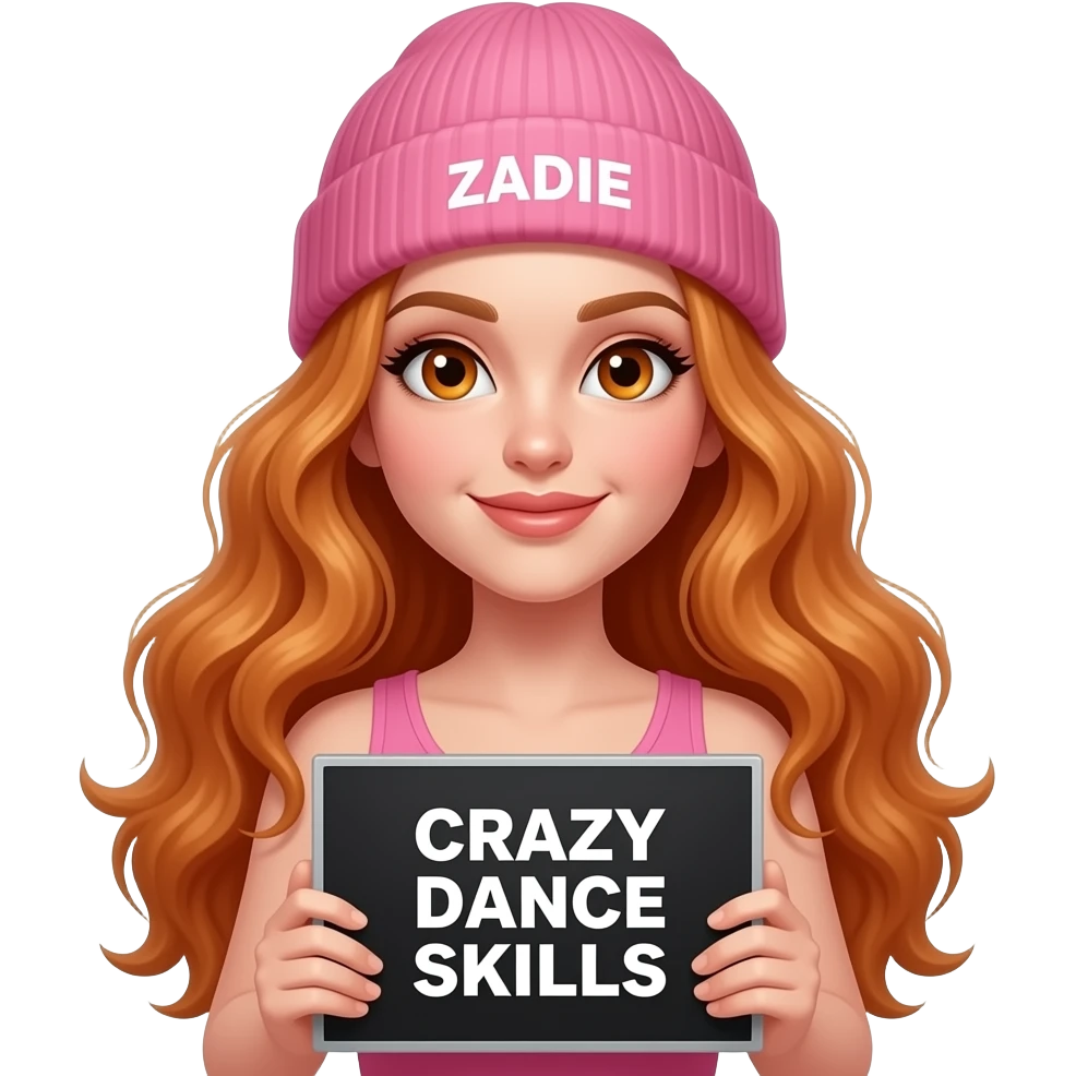 sexy girl with overlong wavy ginger hair and ginger eyes wearing a pink tanktop and a pink beanie with ZADIE written on it, is holding a black sign with CRAZY DANCE SKILLS written on it emoji