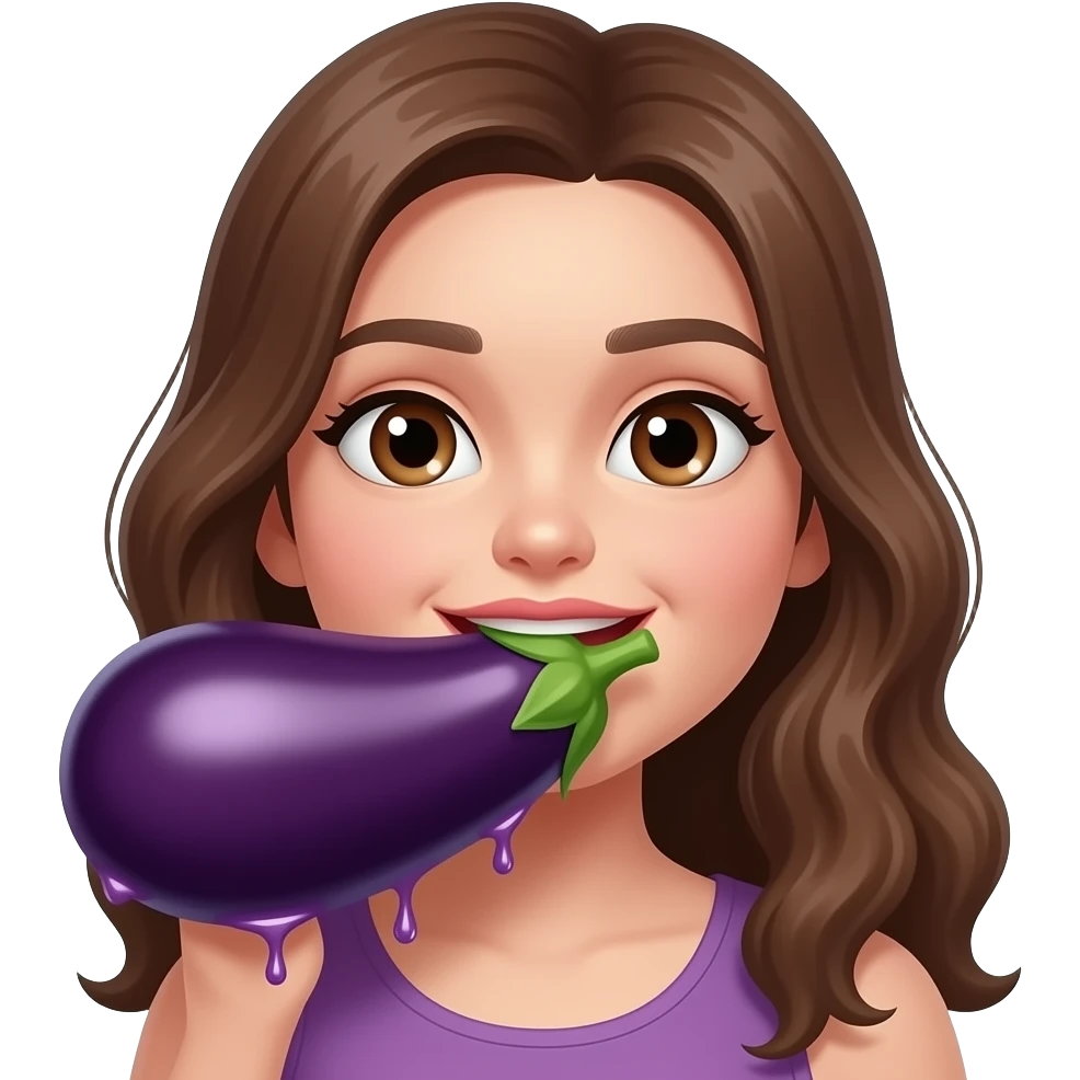 Long Brown haired, brown eyed Girl licking a large dripping eggplant emoji
