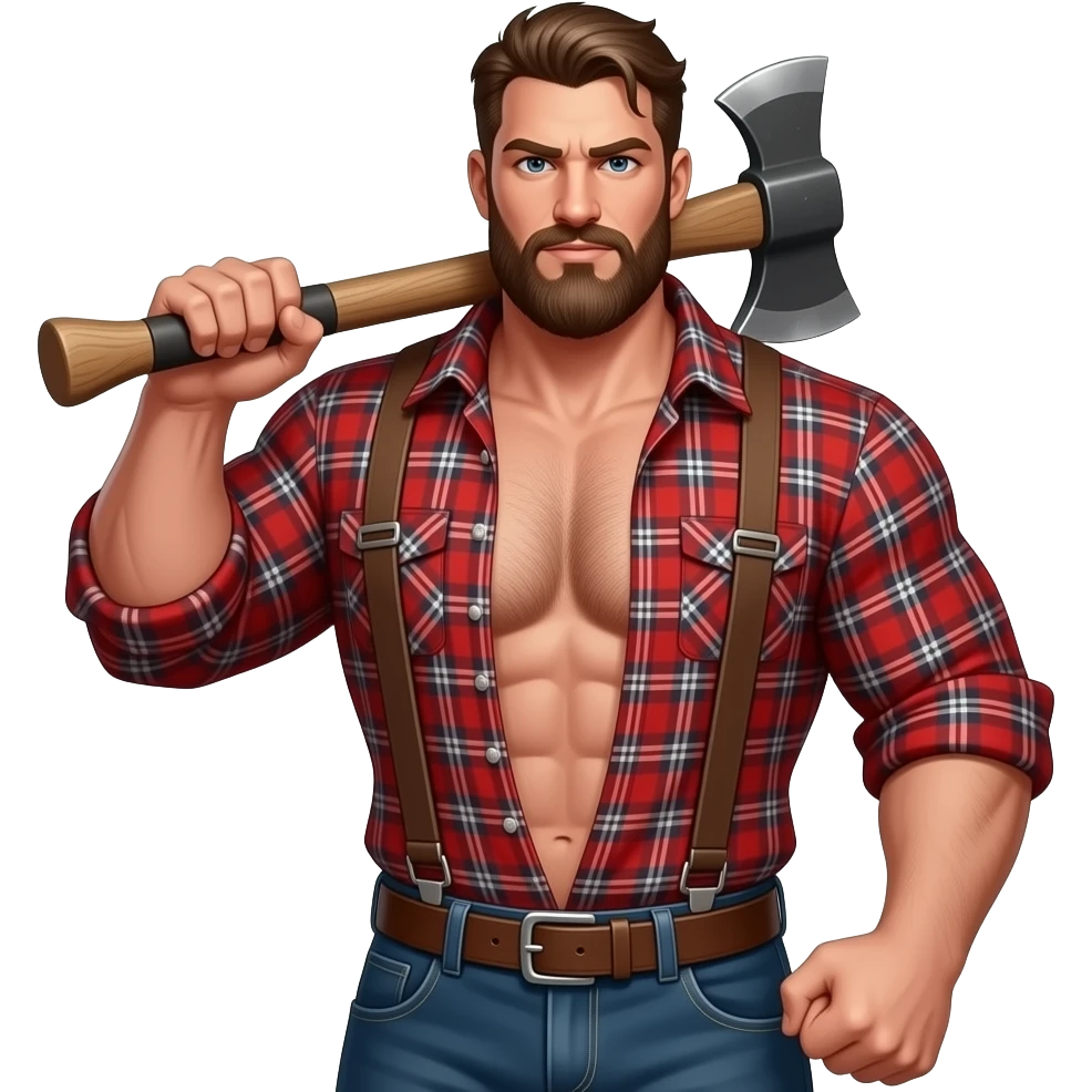 Erstelle ein Portrait von einem muskulösen nackten Mann typische Aussehenden Lumberjack, er ist sehr behaarten, maskulinen Körper und Bart, seine Brust soll gut mit auf dem Bild zusehen sein und er hat eine Axt in der Hand und trägt Hosenträger und einem weit offenen rot kartierten Holzfällerhemd emoji