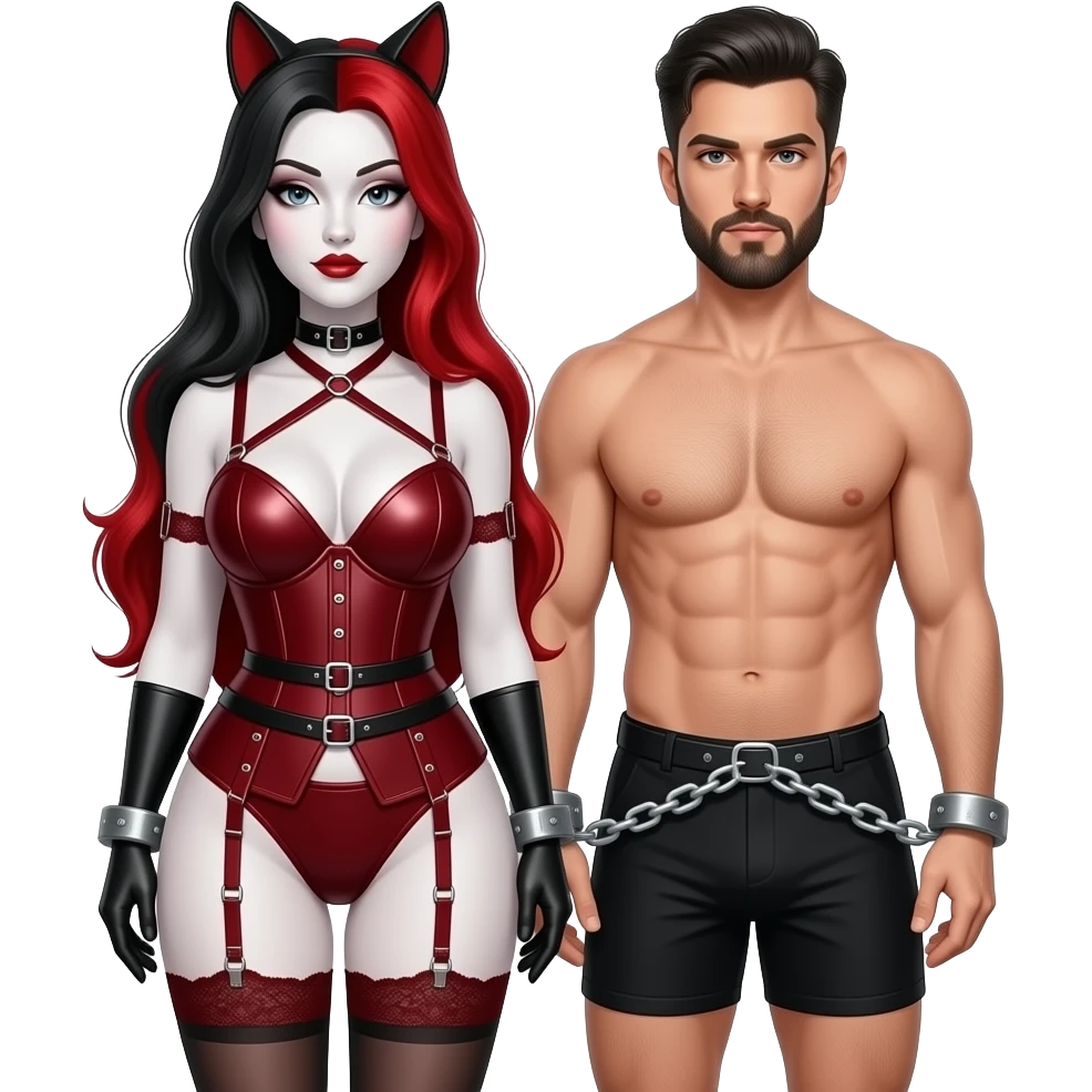 Dominatrix wearing a darkred bdsm style harness lingerie. White skin, chubby, dark Make the girl have long red and black hair and male partner in boxers getting chained up with goatee facial hair emoji