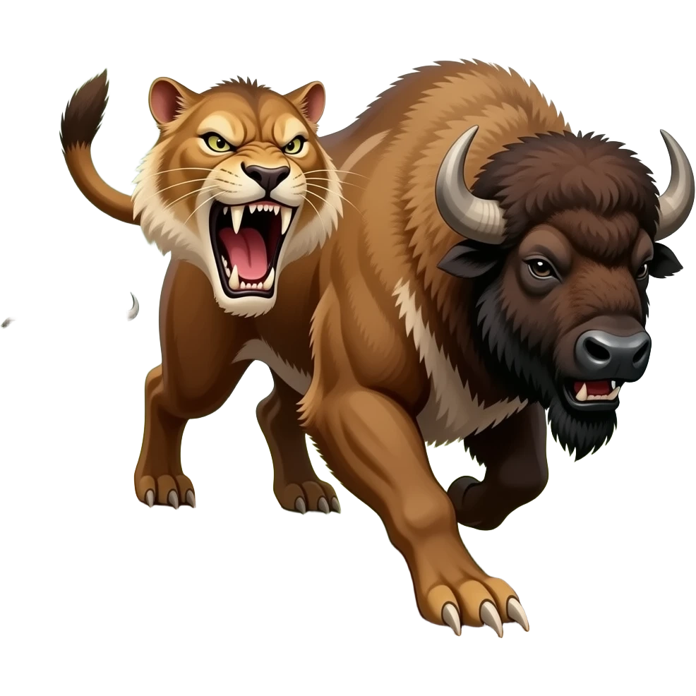 Smilodon angry running in the forest with defensive bison herd chasin it emoji