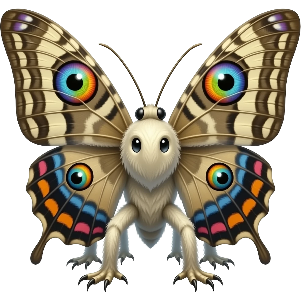 a colossal divine moth-like creature, 6 short claw-like legs close to the body , Massive moth wings with colorful eye patterns, Fuzzy white or golden body, Long antennae, glowing bioluminescence, emoji