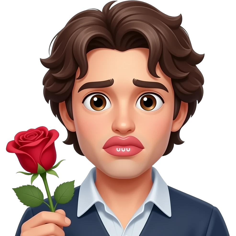 meme romeo face holding rose, distorted lips making “uuu” face, pathetic flirting energy emoji