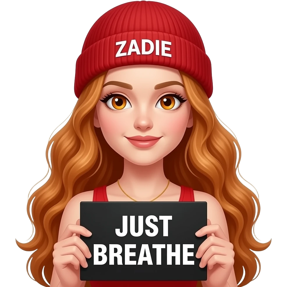 sexy girl with overlong wavy ginger hair and ginger eyes wearing a red tanktop and a red beanie with ZADIE written on it, is holding a black sign with JUST BREATHE written on it emoji