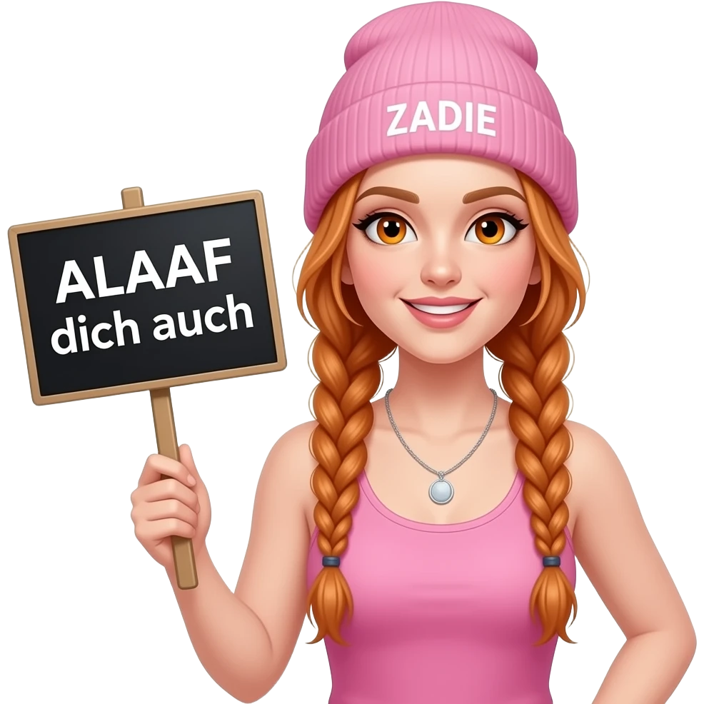 sexy girl with overlong ginger braids and ginger eyes wearing a pink tanktop and a pink beanie with ZADIE written on it, is holding a black sign with ALAAF dich auch written on it emoji