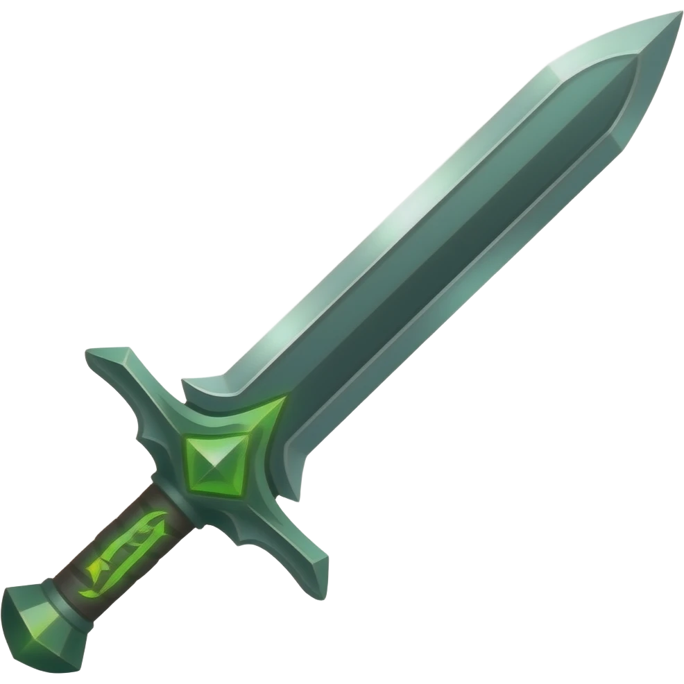 A Discord emoji of a sharpened emerald sword with a glowing green rune on the hilt. High-end fantasy style, sleek, metallic black, white background. emoji
