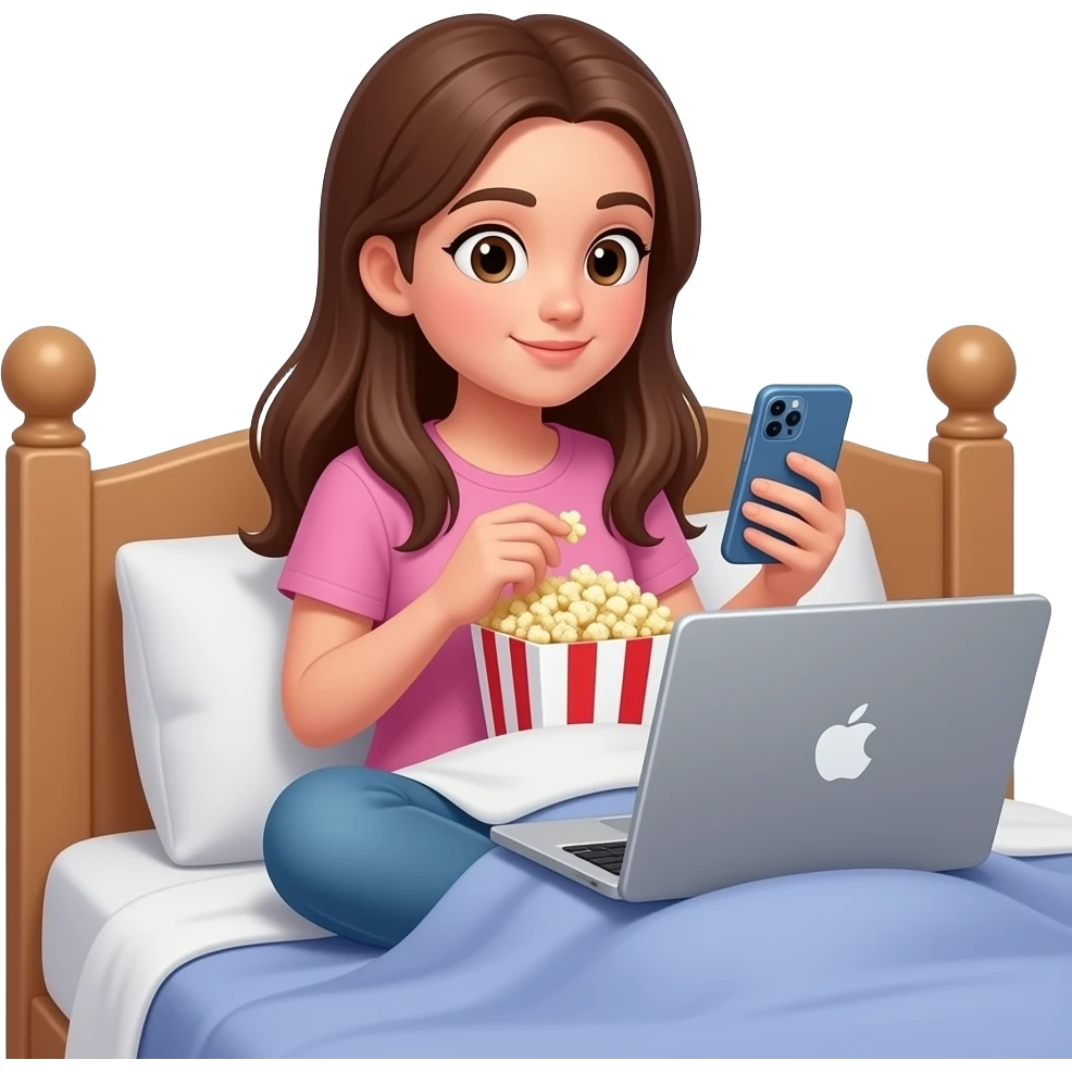 teen girl long hair, sitting on bed, watching movies, eating popcorn playing Roblox on phone emoji