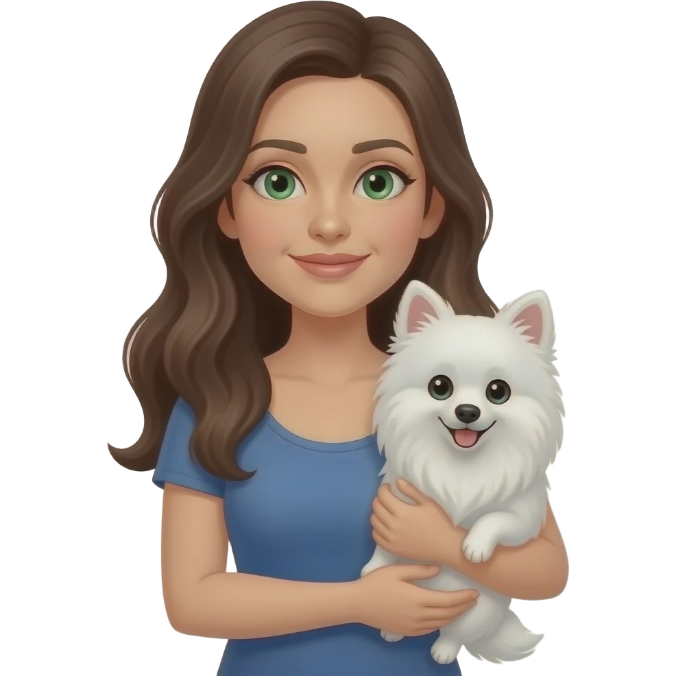 quero uma mulher adulta olho verde com cabelo grande segurando um spitz alemão branco emoji