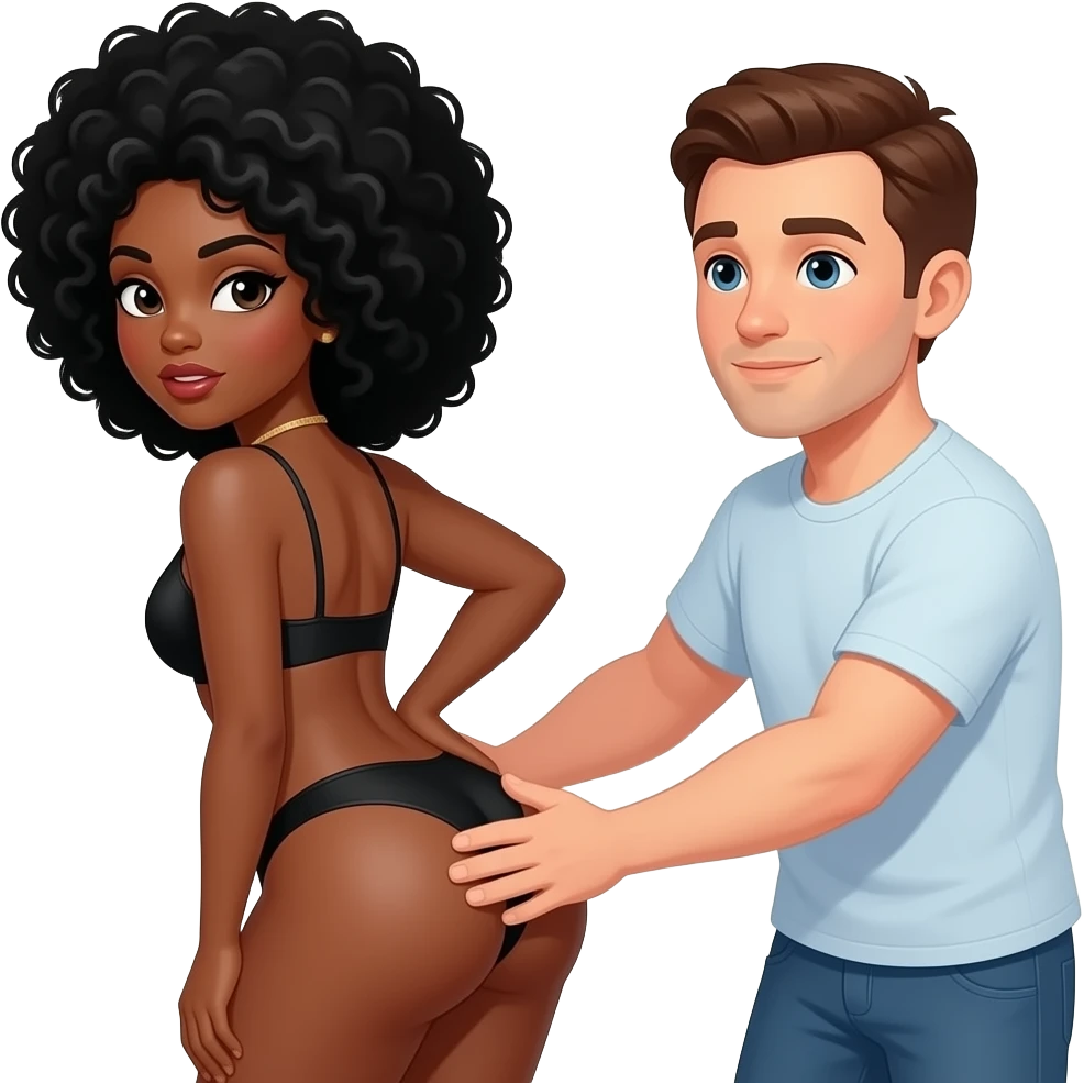 A sexy black woman with black hair Afro getting butt slapped by white man with brown hair emoji