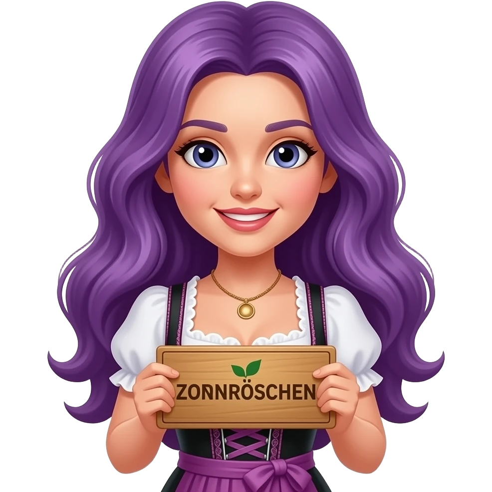 sexy girl with long purple hair wearing a dirndl holding a ZORNRÖSCHEN sign emoji