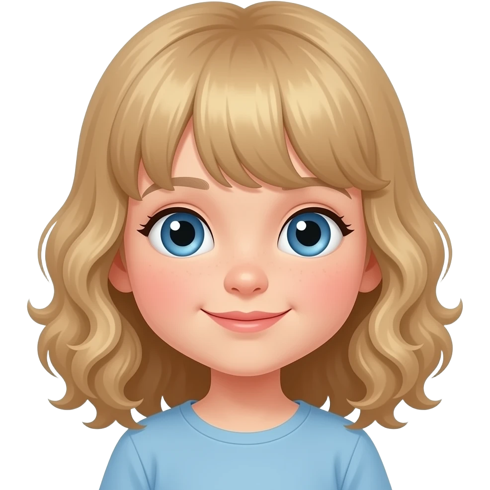 white kid blue eyes mid length with bangs soft curly hair to shoulders in color: middle to little darker blond, doing home chore emoji