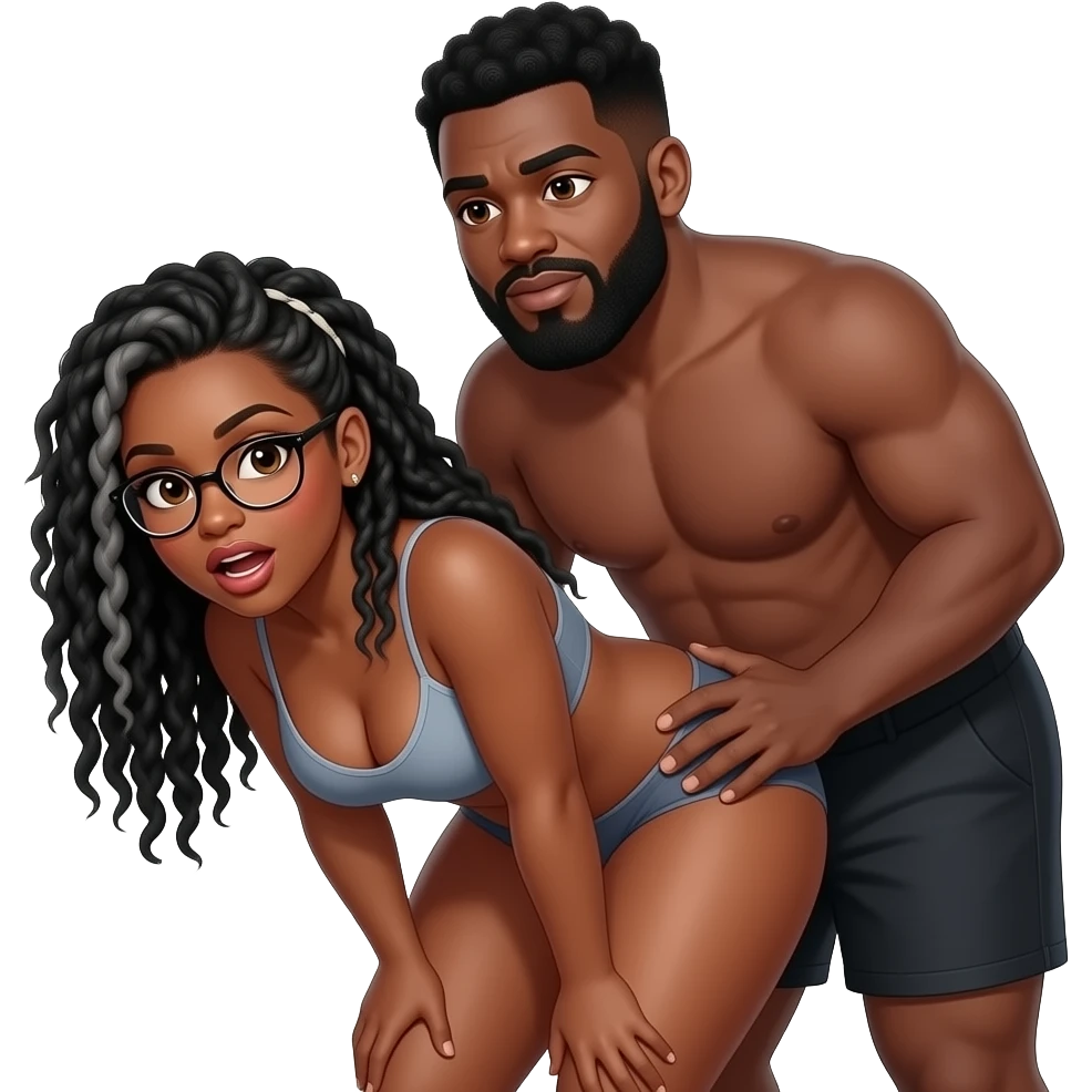 Black woman, with black locs (with some grey) and glasses; bent over with a chubby black man with a low curly haircut and beard with some grey; standing behind her holding her hips. Both are topless. He is wearing boxers briefs and her, panties. Both of them looked aroused. emoji